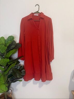 KATE KASIN burnt red Button-Front Long Sleeve crepe cotton Dress